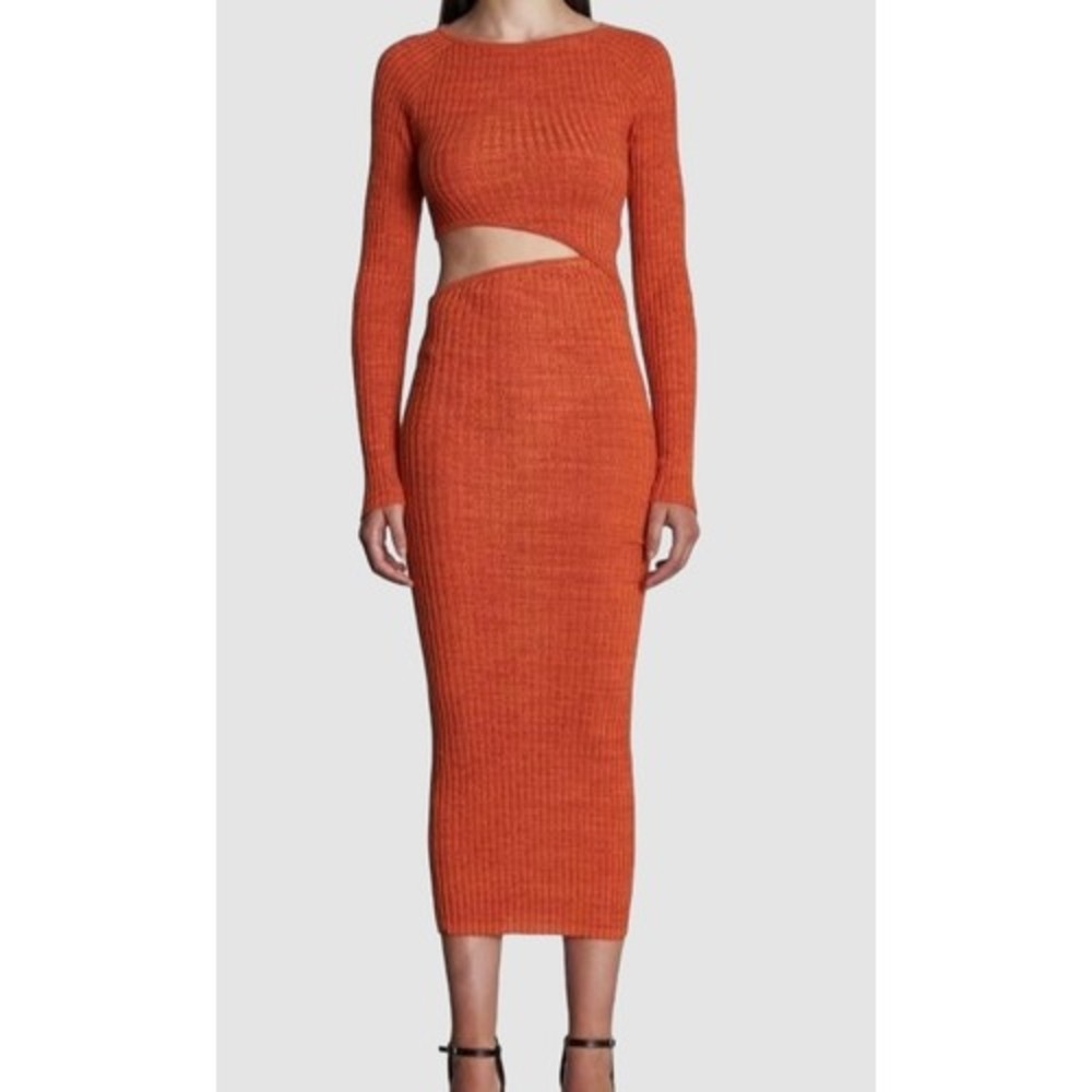 Wynn Hamlyn Origami Cutout Ribbed Midi Dress M Orange Silk Blend Asymmetric Knit